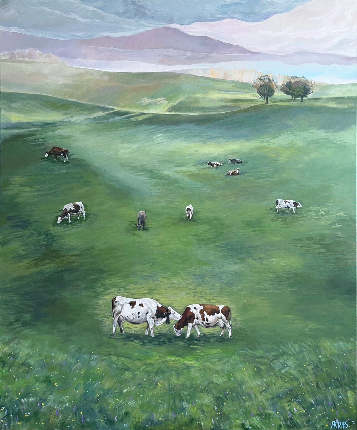 Painting of cows grazing in a green field with rolling hills and trees in the background.