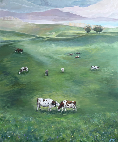Painting of cows grazing in a green field with rolling hills and trees in the background.