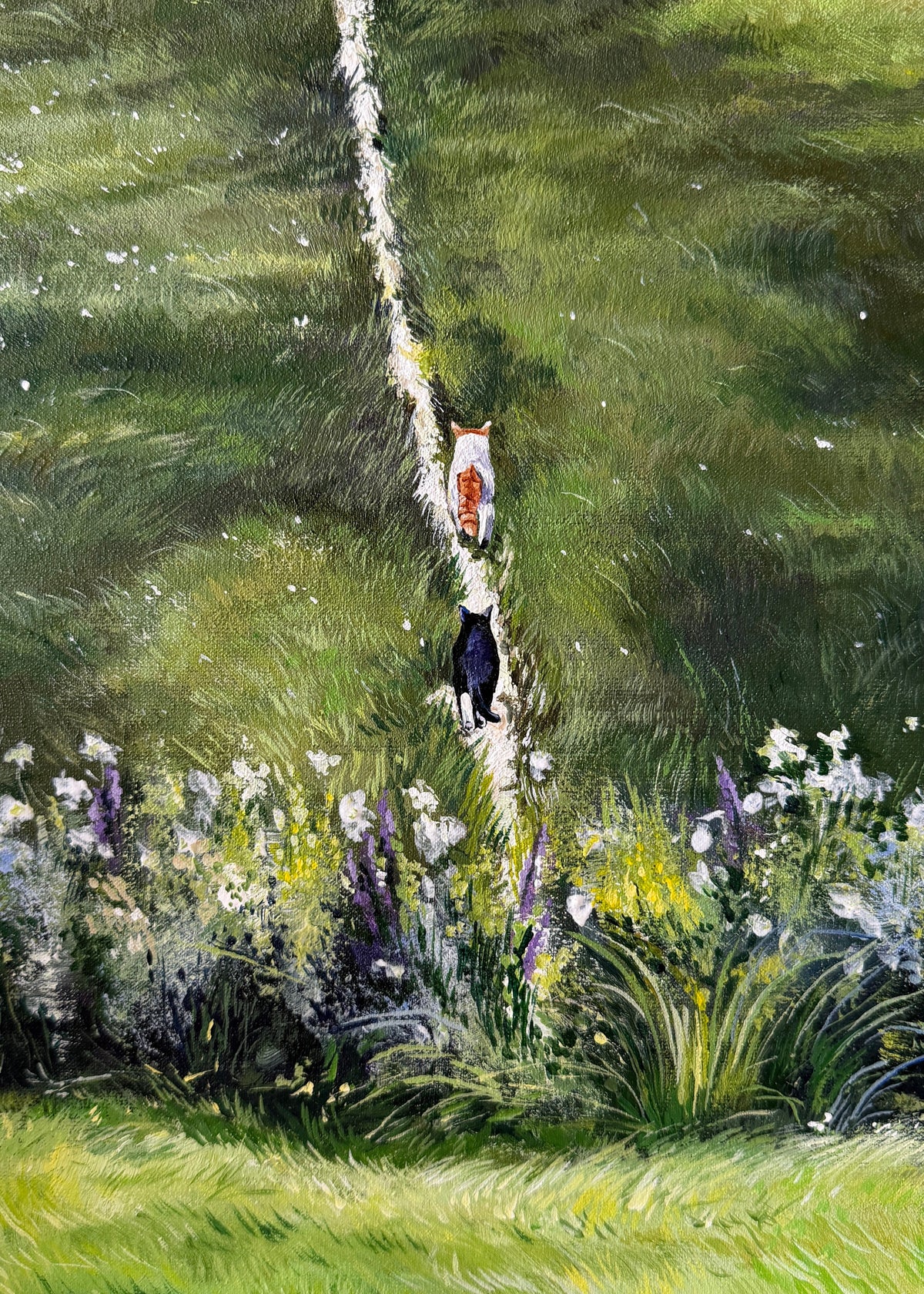 Painting of two cats walking on a path through a garden with flowers