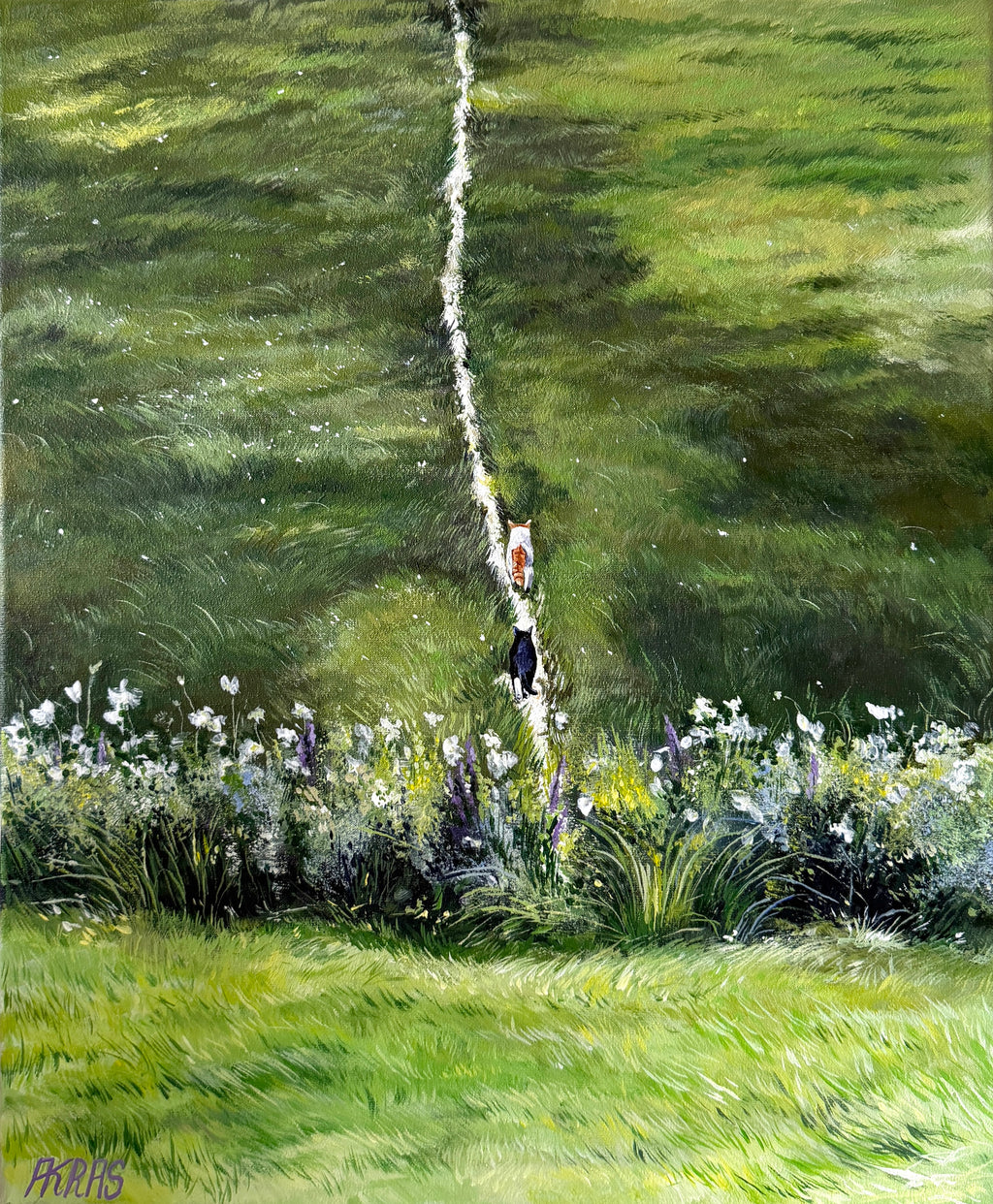 painting where two cats are walking together through flowers on a narrow path