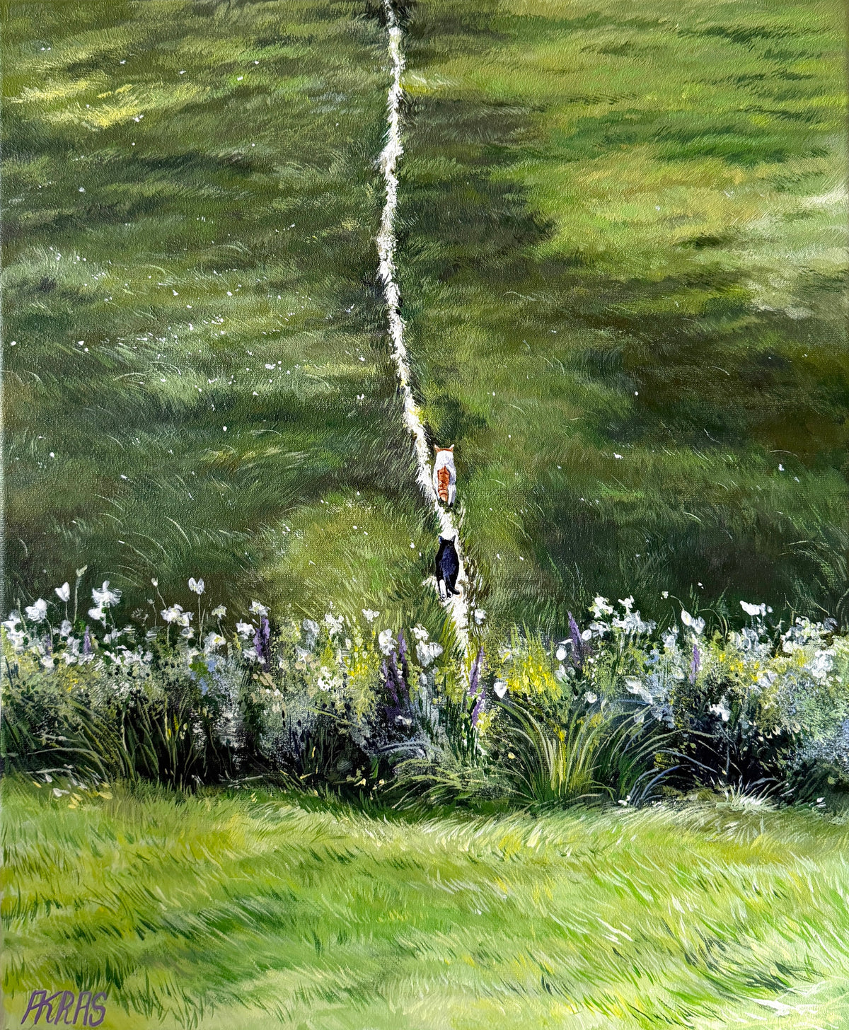 painting where two cats are walking together through flowers on a narrow path