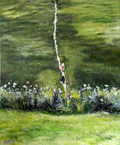 painting where two cats are walking together through flowers on a narrow path